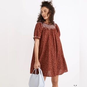 Madewell Embroidered Puff-Sleeve Babydoll Cotton Dress Rusted Burgundy Small